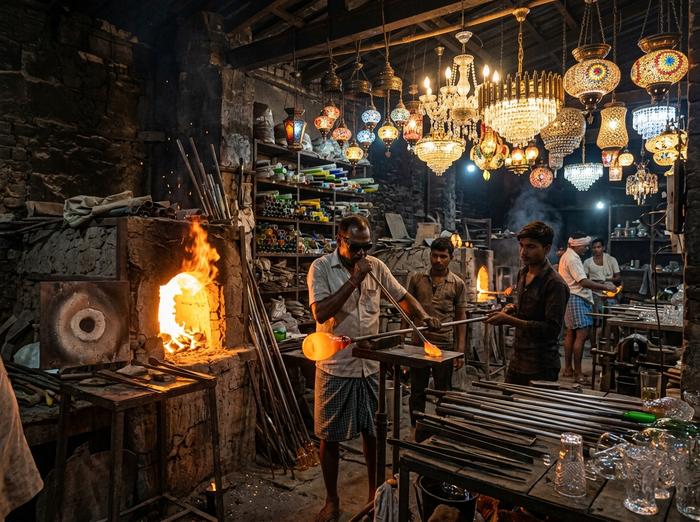 Mouth-blown decorative glassware and lighting from Firozabad