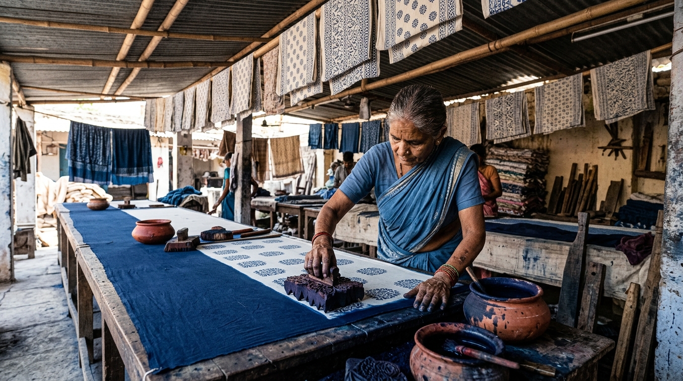 Artisan hand carving and applying carved wooden blocks to natural cotton fabric in Sanganer Jaipur