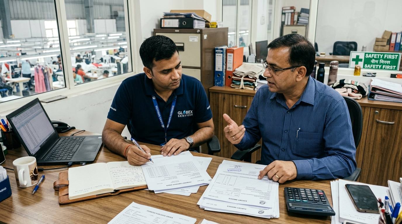 Quality control inspector and factory manager reviewing itemized purchase orders and export invoices