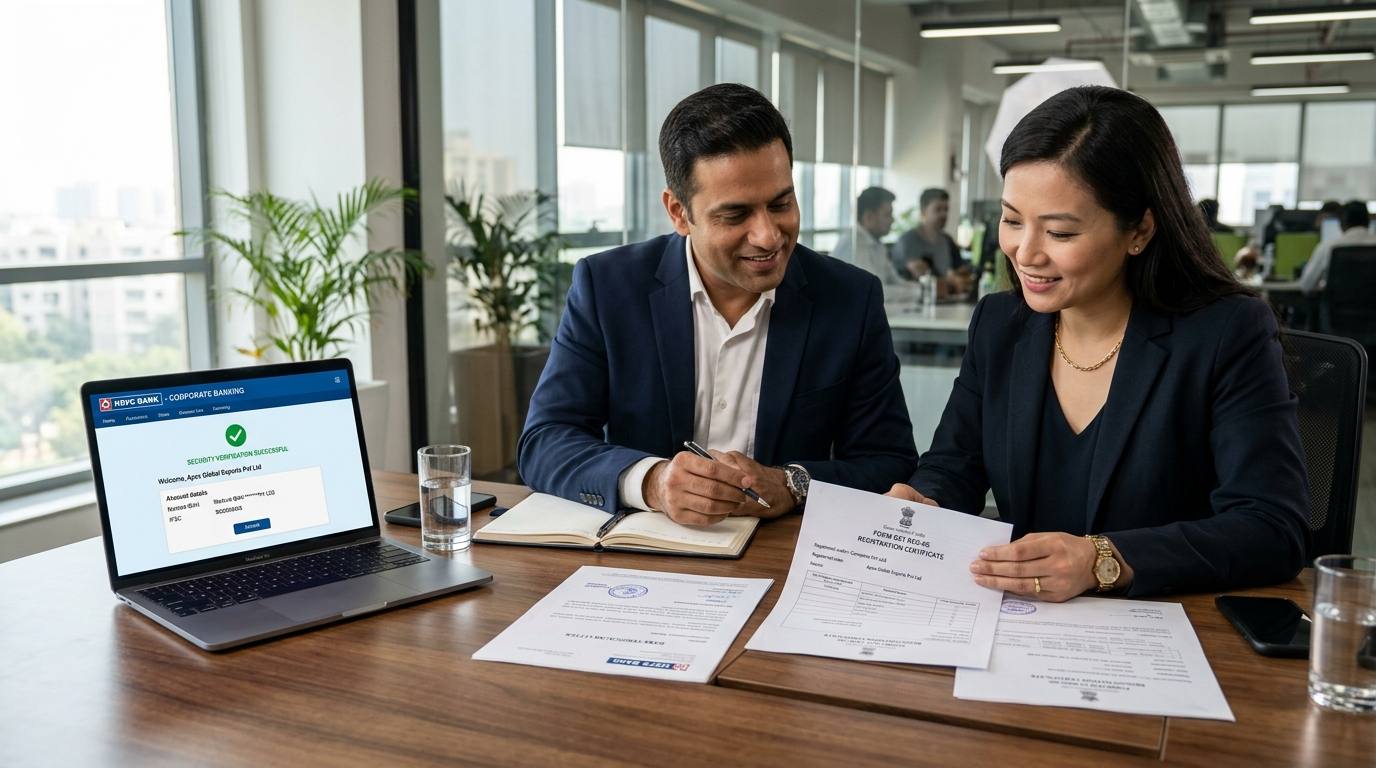 International sourcing consultant and buyer verifying Indian corporate registration certificates and banking documents to prevent international wire transfer fraud