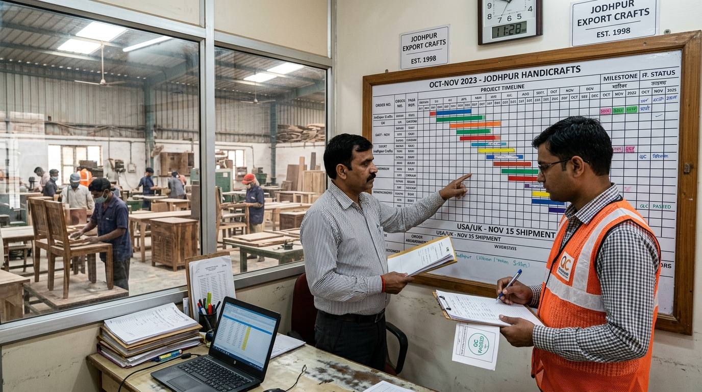 International sourcing manager and Indian factory director reviewing production timeline and delay mitigation strategy in Rajasthan