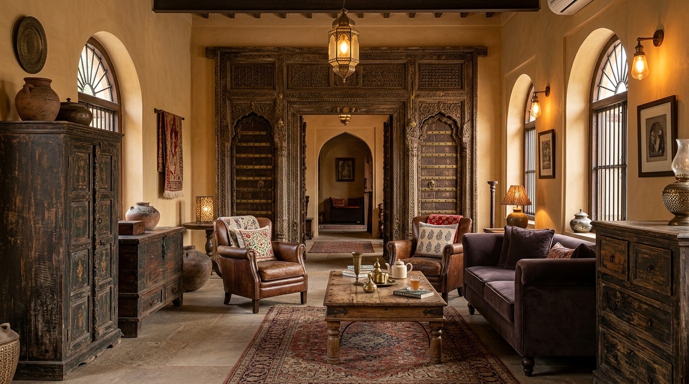Luxury hospitality interior styled with authentic vintage Indian wooden furniture and carved haveli entrance archway
