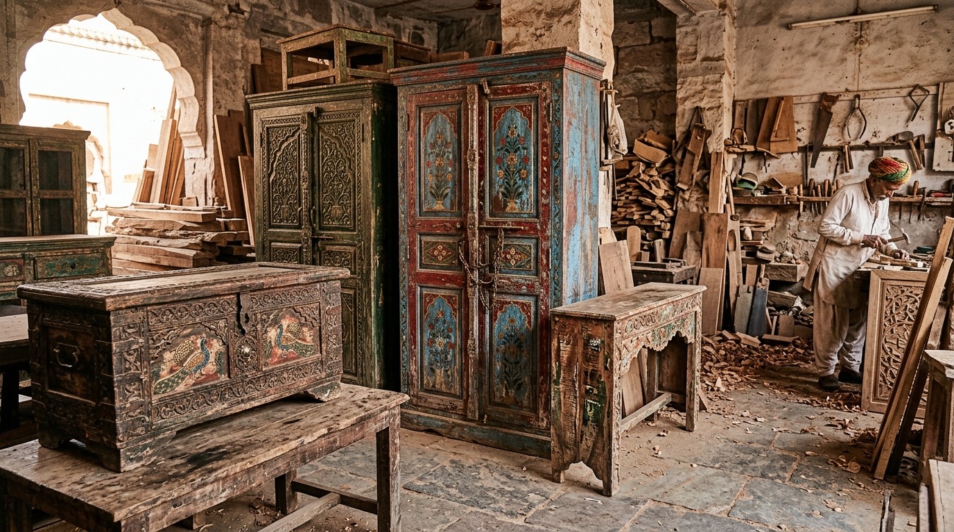 Authentic vintage Rajasthani distressed painted wooden furniture and bridal chests in Jodhpur workshop